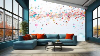 Celebration background template with confetti and variety colors ribbons. AI generative. Wall mural