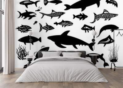 Big set of black white silhouette isolated sea ocean north animals. Doodle vector whale, dolphin, shark, stingray, jellyfish, fish, stars, crab, Vector Illustration. Wall mural