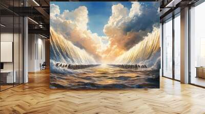 1. **Illustrate a dramatic scene of Moses parting the Red Sea, with towering walls of water on either side and the Israelites crossing safely. The sky should be filled with clouds, capturing the Wall mural