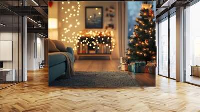 1. A cozy living room decorated with festive holiday lights and a decorated Christmas tree Wall mural