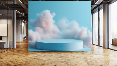 1. A dreamy 3D render of a blue cloud background with a minimalist podium, creating an abstract stage for product display, complemented by soft pastel tones and gentle smoke effects Wall mural