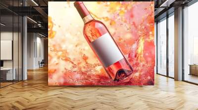 1. A dynamic image of a bottle of rose wine gracefully floating amidst a vibrant liquid splash, featuring a blank white label for branding, ideal for a commercial wine label mockup Wall mural