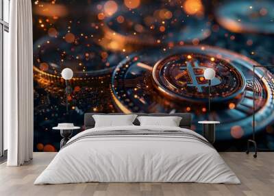 1. Against a backdrop of sleek geometric shapes, shielded coins shimmer with digital brilliance, symbolizing the intersection of security and innovation in the world of cryptocurrency. Wall mural