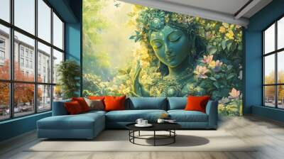 100. A serene earth god nurturing the plants in a flourishing garden Wall mural