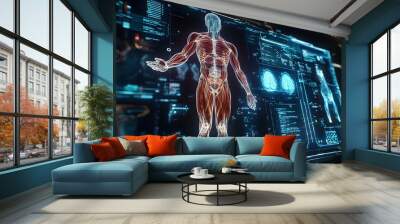 15. **Design a hologram of a human body with a futuristic, digital interface that displays interactive anatomical details and functional simulations. The image should convey a sense of advanced Wall mural