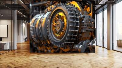 15. **Detailed 3D render of a large industrial engine with complex drive belts and cooling fans Wall mural