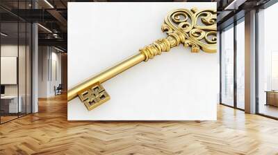 15. A lifelike 3D render of a golden key with ornate designs, isolated on a pristine white background Wall mural