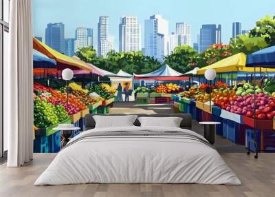 2. **A bustling outdoor market with colorful stalls and vibrant produce. The background features a cityscape with tall buildings and a clear blue sky. Wall mural