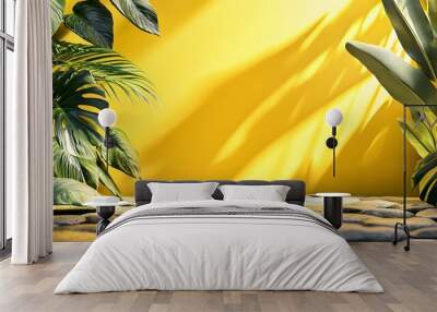 2. **Design a vibrant 3D scene with a summer yellow backdrop, infused with bright sunlight and the subtle shadows of tropical leaves. Set the stage with textured cobblestones and a polished silver Wall mural