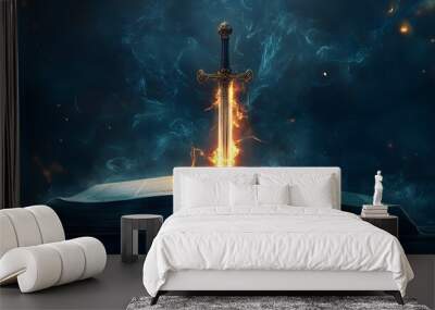 2. **Illustrate a striking concept where a sword emerges from the pages of a Bible, symbolizing the power of faith. Surround the sword with ethereal light and elements that convey strength and Wall mural