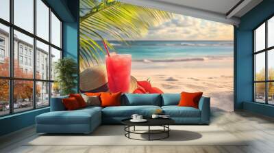 2. A tropical beach scene with palm trees, a sun hat, and a holiday cocktail Wall mural