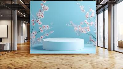 2. An artistic scene featuring an abstract platform podium surrounded by delicate spring flowers, all set against a serene blue backdrop, perfect for showcasing beauty products or spring-themed items Wall mural