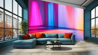 2. An artistic scene showcasing a powerful spotlight casting dramatic shadows on the ground, with a stunning neon glow in rich Peru hues providing a vibrant backdrop for a showroom display Wall mural