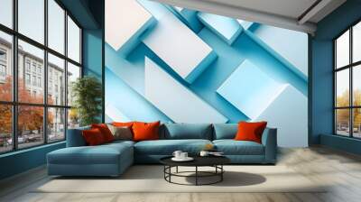 2. An intricate geometric backdrop with layered 3D shapes in light blue and white, perfect for showcasing products or presentations, adding depth and sophistication to the visual Wall mural