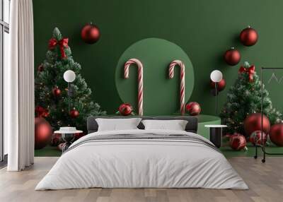 2. An inviting scene featuring a green round podium surrounded by Christmas decorations, showcasing a decorated tree, playful candy canes, and bright red balls, perfect for a holiday-themed product Wall mural