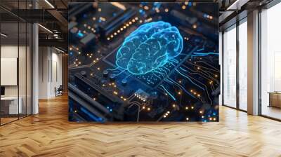 2. Design a visual representation of an Artificial Intelligence hardware concept, showcasing a microchip with a glowing blue brain circuit on a computer motherboard. Emphasize the futuristic Wall mural