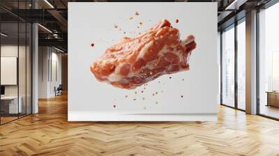 27. **A 3D render of a fresh pork shoulder falling, its marbled texture and seasoning set against a clean white surface Wall mural