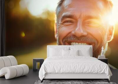 39. A middle-aged person expressing joy with a broad smile and bright eyes Wall mural