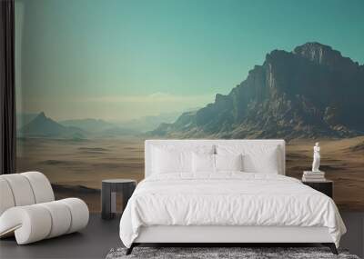 4. A stunning illustration of a barren rocky planet, where a stark desert landscape unfolds with sharp mountain ranges and soft sand dunes, conveying the vastness of this alien environment Wall mural