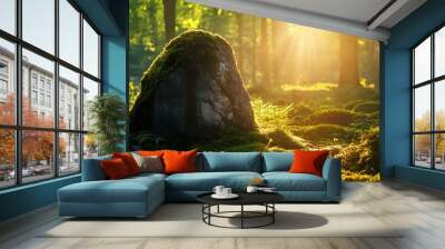 4. A tranquil scene in a lush forest featuring a large moss-covered stone, bathed in soft sunlight, offering a scenic wide banner layout with generous copy space for product advertising Wall mural