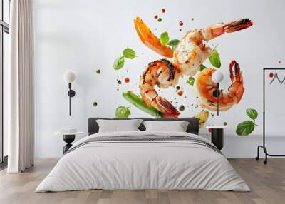 42. **A 3D render of a whole shrimp skewer falling, with grilled shrimp and vegetables detailed against a pristine white backdrop Wall mural