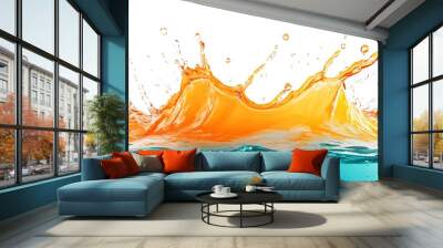 49. **A 3D depiction of a vibrant orange and teal water splash with energetic arcs and droplets, isolated on a pristine white background Wall mural