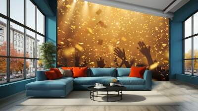 5. A conceptual image of golden confetti raining down on a jubilant crowd, celebrating the announcement of winners in a festive raffle event, capturing the joy and exhilaration of victory. Wall mural