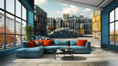 58. Detailed 3D render of an overfilled recycling center with improper waste sorting and accumulation, set against a clear background Wall mural