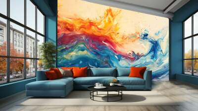 6. Imagine a mesmerizing scene where a wave of colorful paint washes over a blank canvas, its fluid movement and rich palette of colors creating a visual symphony of texture and form, depicted in an Wall mural