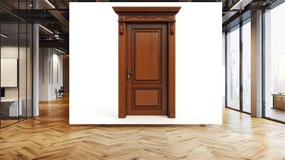 64. **A classic wooden door with a smooth surface and decorative trim, isolated on a pristine white background. Wall mural