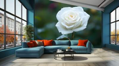 70. A single white rose with dew on the petals Wall mural