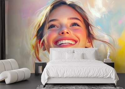 79. A young woman with a beaming smile, eyes sparkling with joy, against a light pastel background. Wall mural