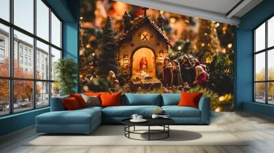 80. A traditional holiday scene with a nativity setup and festive decorations Wall mural