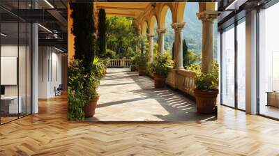 81. An elegant empty terrace with potted plants and a view Wall mural