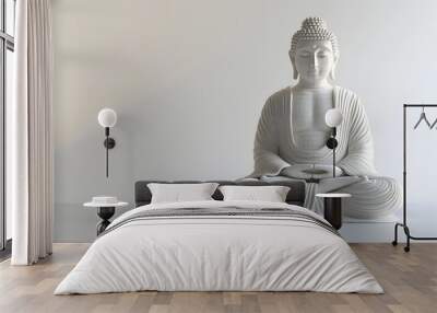 9. Contemporary 3D Buddha statue with smooth, monochromatic textures, floating against a clean white backdrop. Wall mural