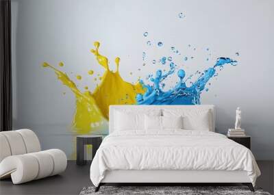 92. **A 3D model of a water splash with bright yellow and blue colors, set against a clean white backdrop Wall mural