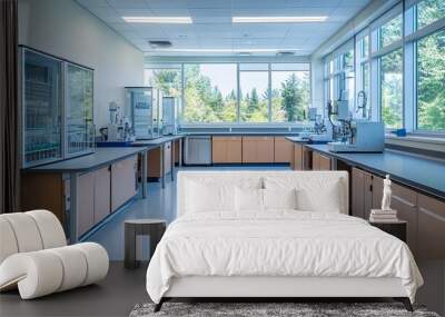 98. A laboratory layout featuring multiple fume hoods and collaboration spaces Wall mural