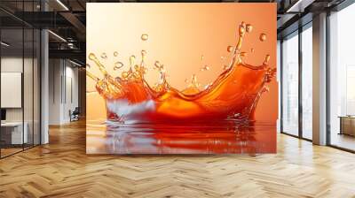 An artistic 3D render of a water splash with gradient shades from deep red to bright orange, isolated on a transparent background Wall mural