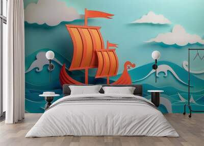 Paper Cut-Out of a Red Viking Ship Sailing on Blue Water with White Clouds Wall mural