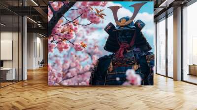 Samurai Armor and Pink Cherry Blossoms in Bloom Wall mural