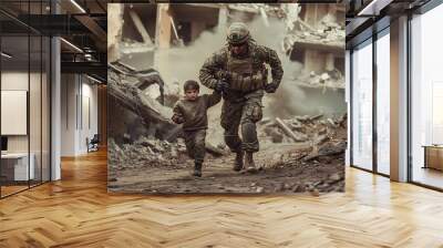 Soldier Evacuating a Child from a War-Torn City Wall mural