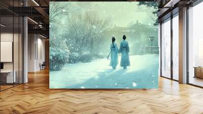 Winter Wonderland: Two Figures Walking Through a Snowy Landscape Wall mural