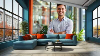 Portrait of young successful ceo businessman smiling in corporate office, Generative AI Wall mural