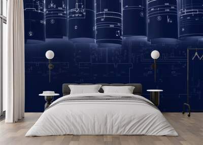 architectural projects and blueprint rolls on architect workplace. construction plans on dark blue background. Wall mural