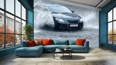 driving car on a wet road with splashing water. motion blur. Wall mural