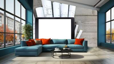 home renovation plans and blank tablet on wooden background Wall mural