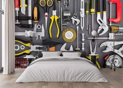 set of hand various work tools on grey background top view Wall mural