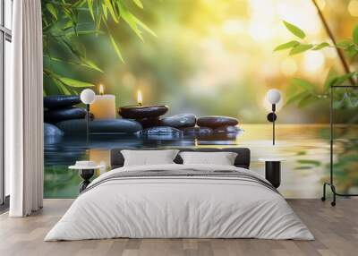 a spa background with bamboo, stones, and a candle on the water surface. This background is suitable for a banner or presentation about wellness Wall mural