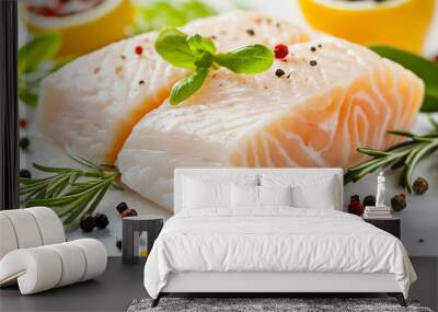 Fresh raw fillet of halibut fish, cut into pieces and isolated on a white background Wall mural