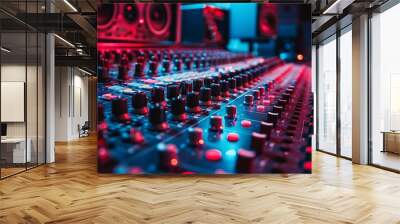 Professional Sound studio scene. Intricate audio equipment, Audio mixing console in a streaming Wall mural